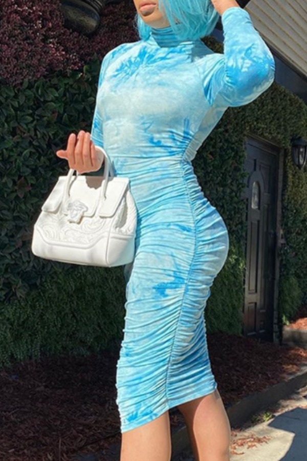 

lovely Casual Tie-dye Fold Design Blue Knee Length Dress