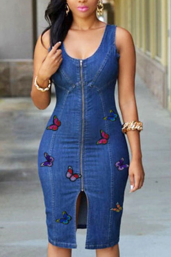 

lovely Trendy Zipper Design Butterfly Deep Blue Mini Denim Dresses