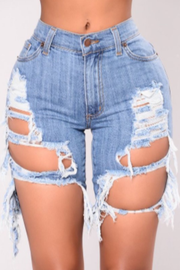 

lovely Casual Hollow-out Baby Blue Denim Shorts