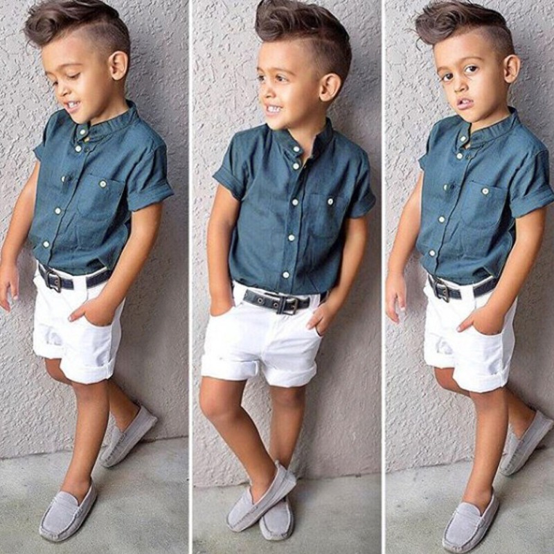 

lovely Trendy Buttons Design Blue Boy Two-piece Shorts Set