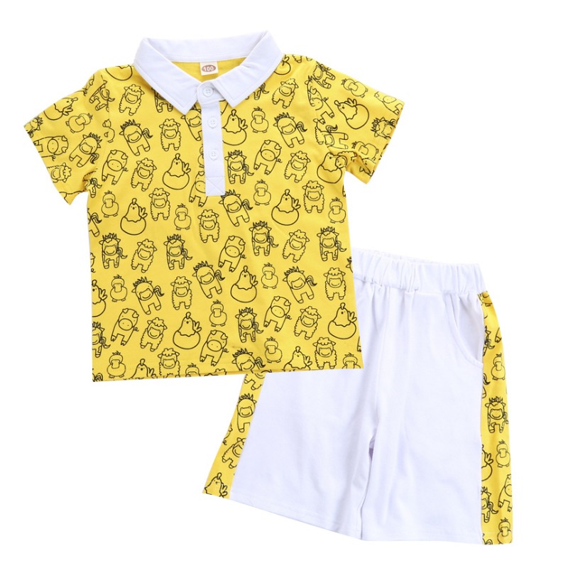 

lovely Sportswear Turndown Collar Print Yellow Boy Two-piece Shorts Set