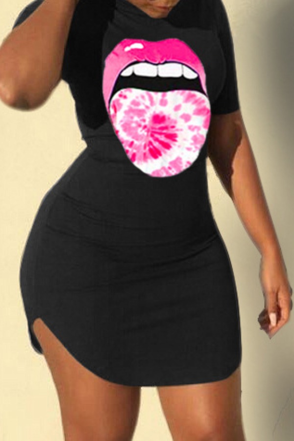 

lovely Casual O Neck Lip Print Black Mini Dress
