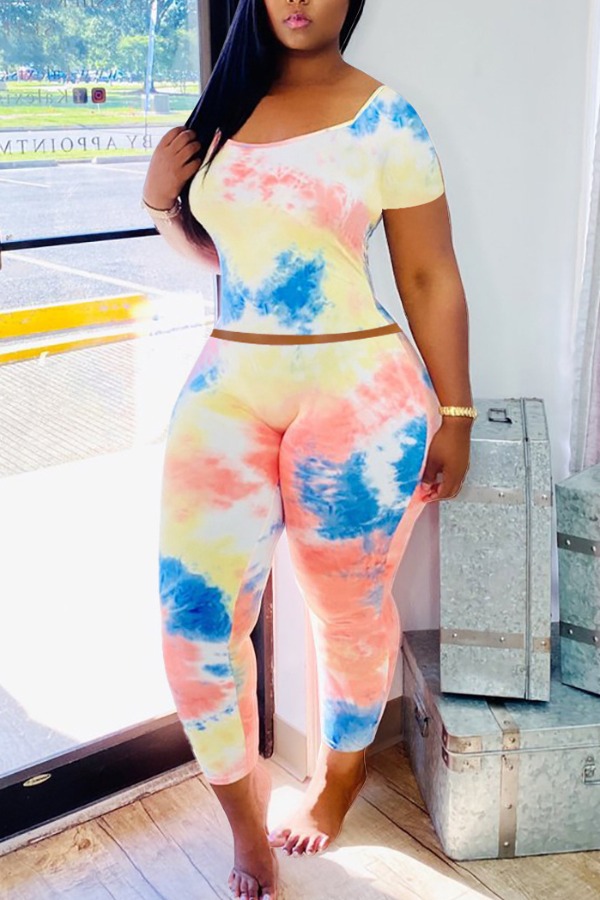 

lovely Casual O Neck Tie-dye Pink Two-piece Pants Set