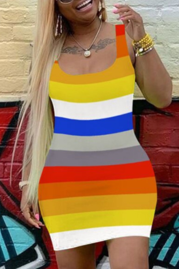 

lovely Stylish U Neck Striped Multicolor Mini Dress, Multicolor mstn