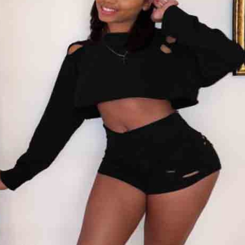 

lovely Casual Hollow-out Black Two-piece Shorts Set