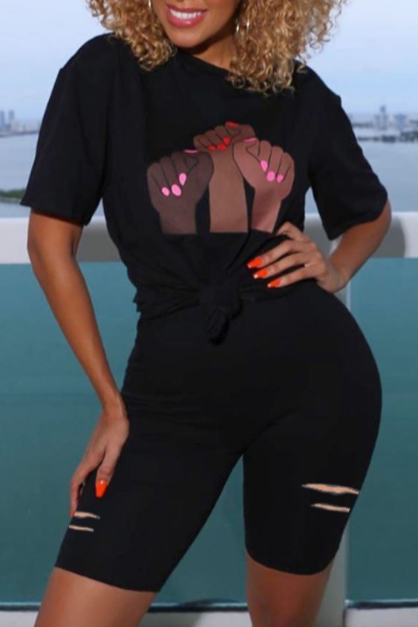 

lovely Street O Neck Print Black Two Piece Shorts Set