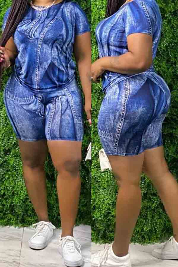 

lovely Casual O Neck Tie-dye Blue Plus Size Two-piece Shorts Set