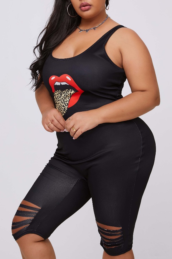 

lovely Sportswear Lip Print Black Plus Size One-piece Romper