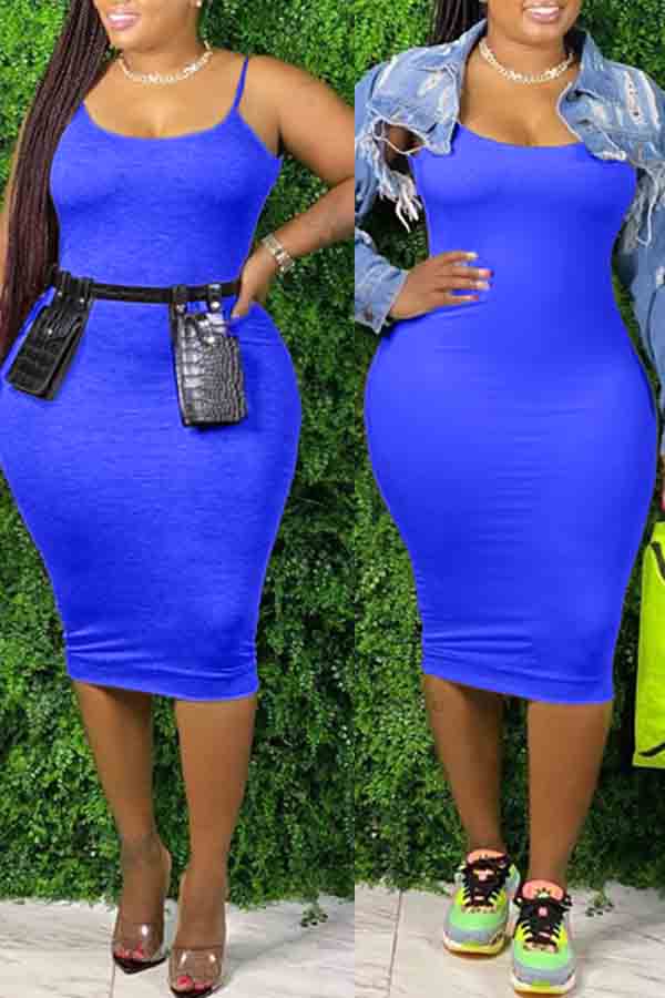 

lovely Sexy Basic Skinny Blue Knee Length Plus Size Dress