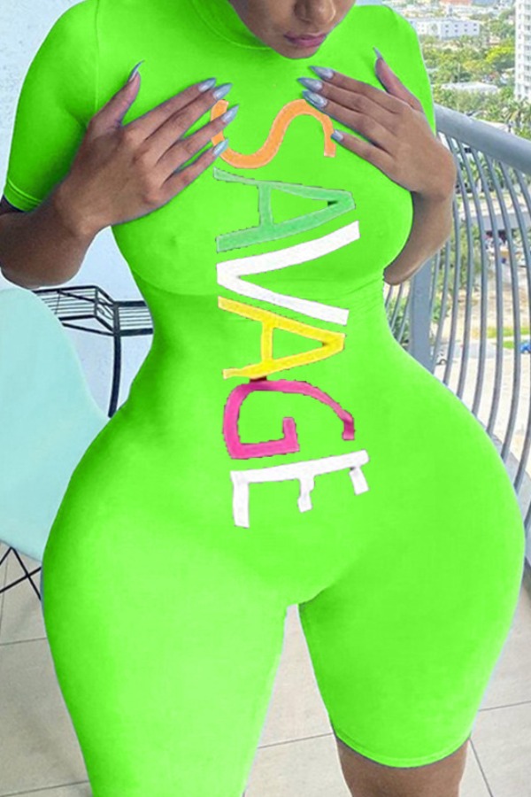 

Lovely Sportswear Letter Print Green Plus Size One-piece Romper