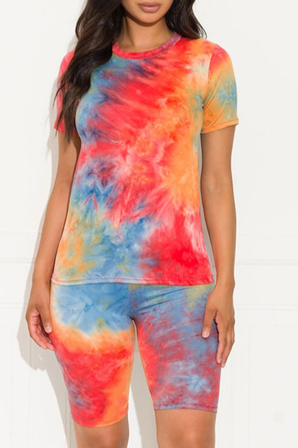

lovely Casual O Neck Tie-dye Red Plus Size Two-piece Shorts Set