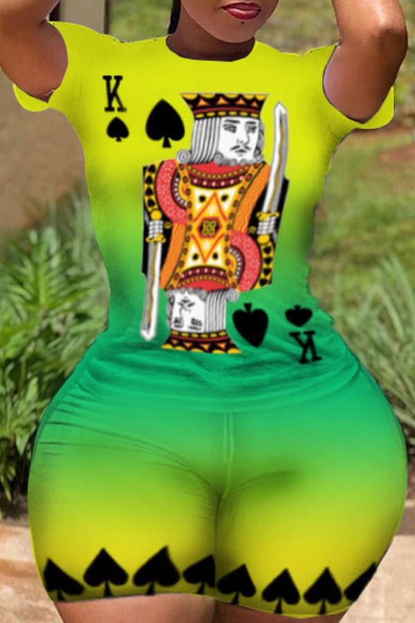 

lovely Street O Neck Print Green Plus Size Two-piece Shorts Set