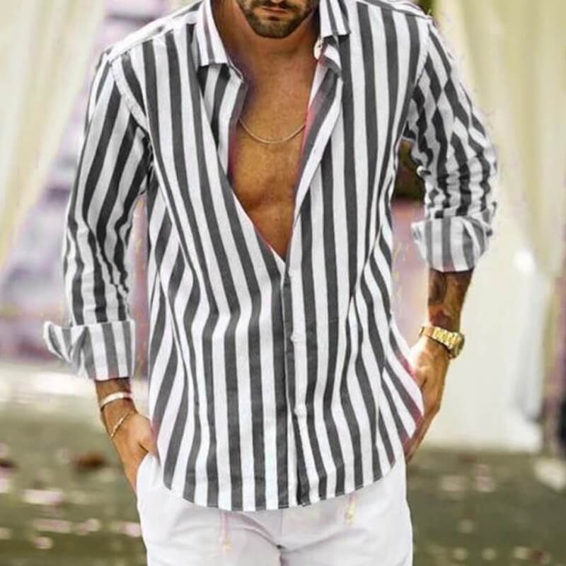 

Lovely Men Casual Turndown Collar Striped Grey Shirt
