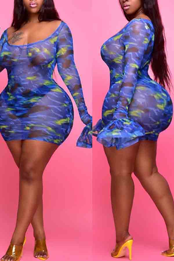 

Lovely Sexy Print See-through Blue Mini Plus Size Dress