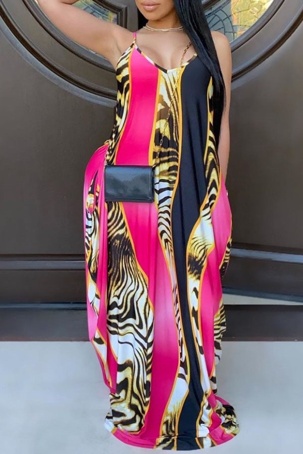 

Lovely Bohemian Print Loose Rose Red Maxi Dress