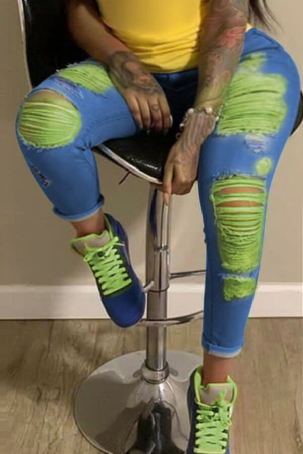 

LW Plus Size Mid Waist Ripped Jeans, Green