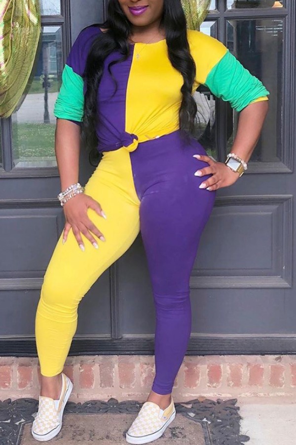 

lovely Casual Color-lump Patchwork Purple Two-piece Pants Set