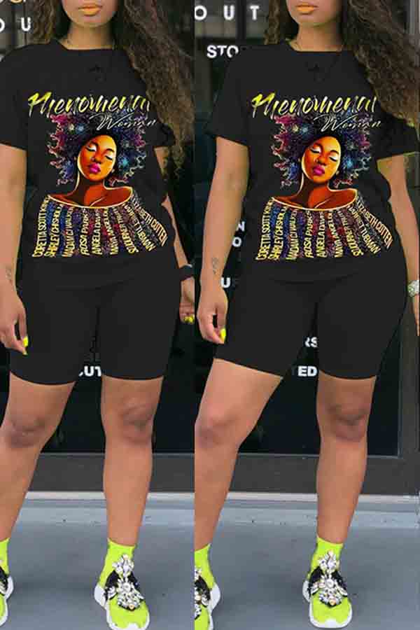 

Lovely Street O Neck Print Black Two-piece Shorts Set