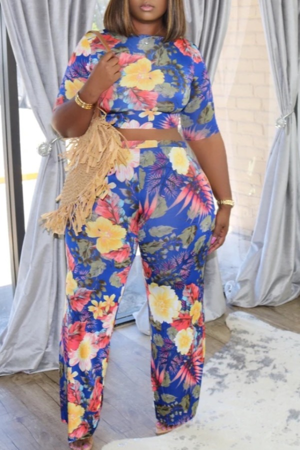 

lovely Stylish O Neck Plants Print Blue Two-piece Pants Set