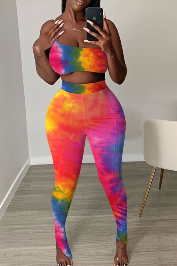 

lovely Casual One Shoulder Tie-dye Croci Two-piece Pants Set