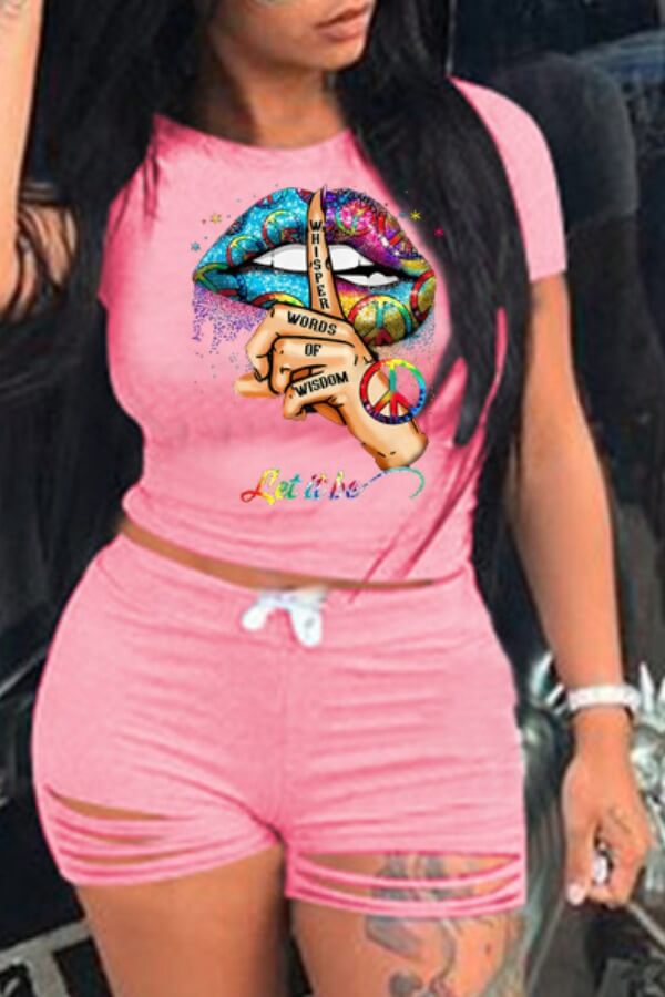 LW Street O Neck Lip Print Pink Two-piece Shorts Set