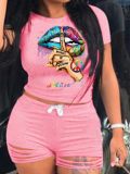 LW Street O Neck Lip Print Pink Two-piece Shorts Set