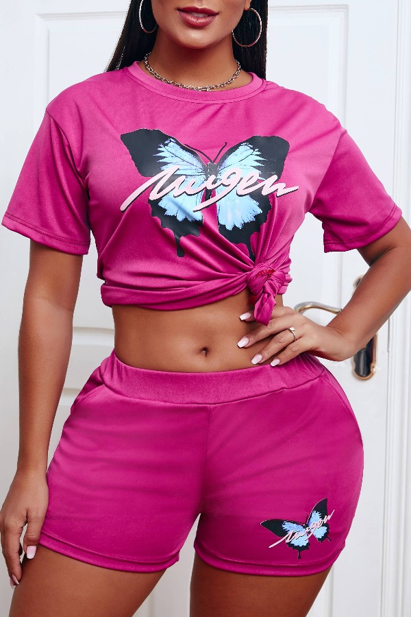 

lovely Leisure O Neck Butterfly Print Purple Two-piece Shorts Set