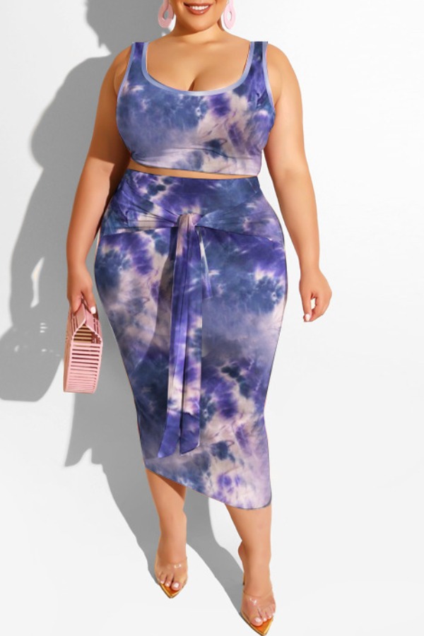

lovely Trendy U Neck Tie-dye Blue Plus Size Two-piece Skirt Set