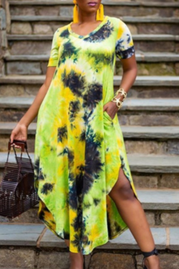 

lovely Bohemian V Neck Tie-dye Multicolor Ankle Length Dress, Multi