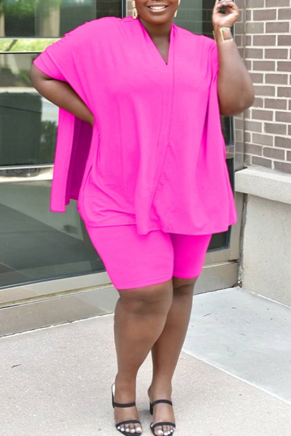 

Lovely Polyester Casual Plain Regular sleeve Basic Regular Short Sleeve V Neck Yes(Elastic) Solid Color Plus Size Two-piece Shorts Set, Pink