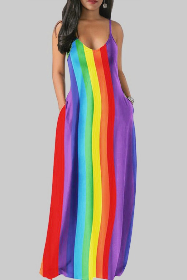 

lovely Bohemian V Neck Striped Multicolor Maxi Dress, Multicolor stripe