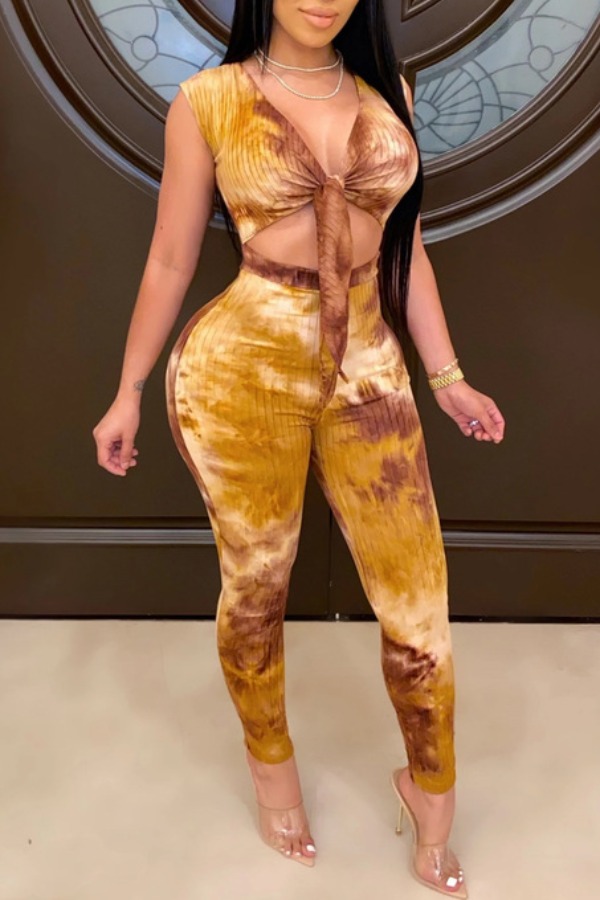 

lovely Stylish Tie-dye Knot Design Yellow Two-piece Pants Set