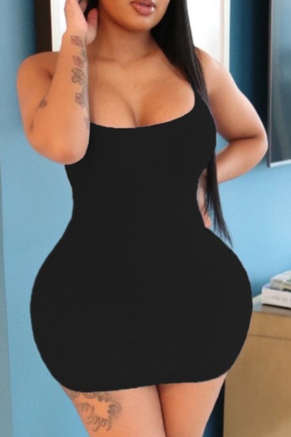 

Lovely Sexy Basic Skinny Black Mini Plus Size Dress