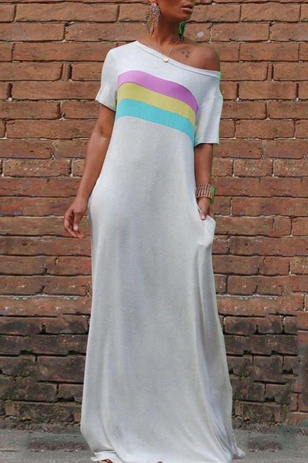 

lovely Casual Striped Print White Maxi Dress