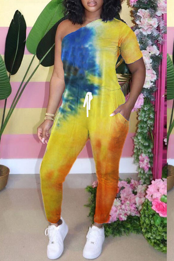 

lovely Stylish One Shoulder Tie-dye Yellow One-piece Jumpsuit