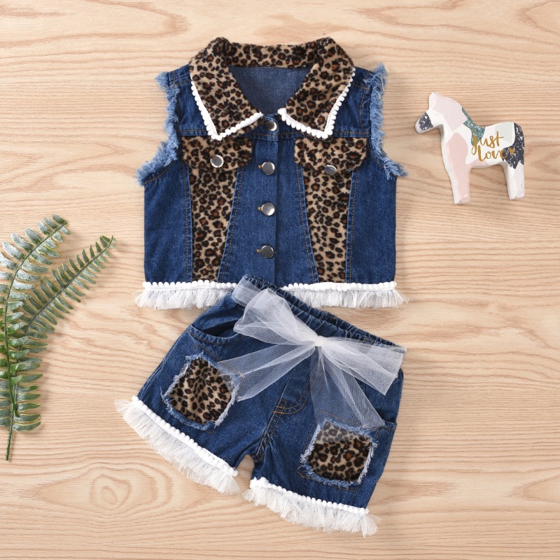 

lovely Street Patchwork Blue Girl Two-piece Shorts Set