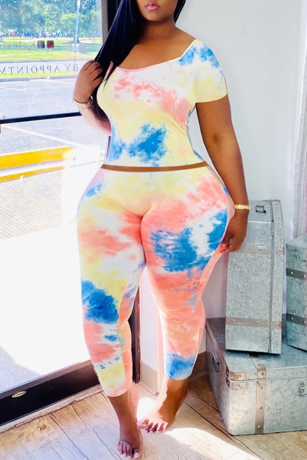 

lovely Casual O Neck Tie-dye Pink Plus Size Two-piece Pants Set