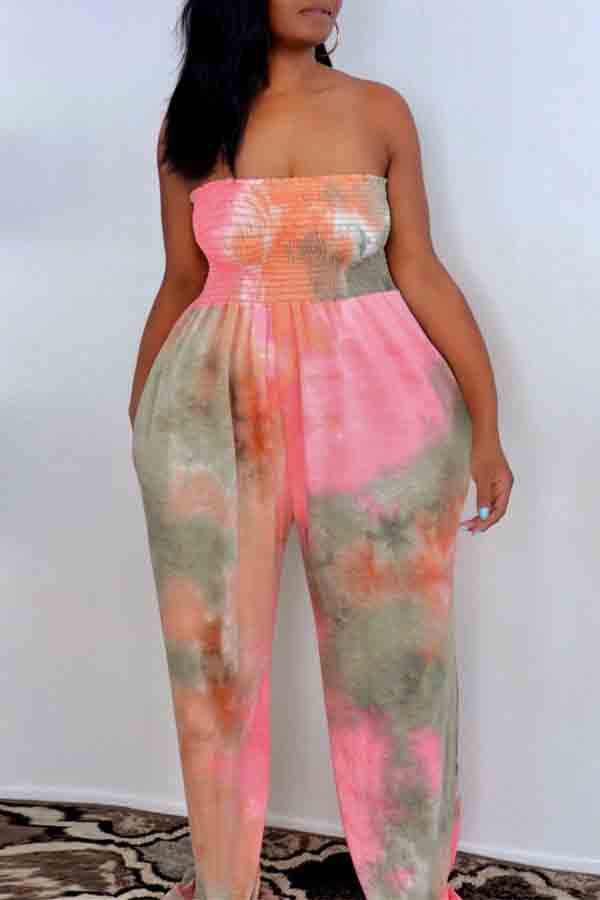 

Lovely Trendy Dew Shoulder Tie-dye Pink Plus Size One-piece Jumpsuit