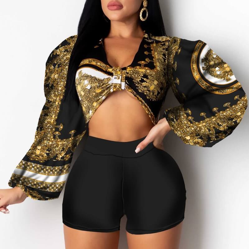

Lovely Stylish Print Knot Design Black Blouse