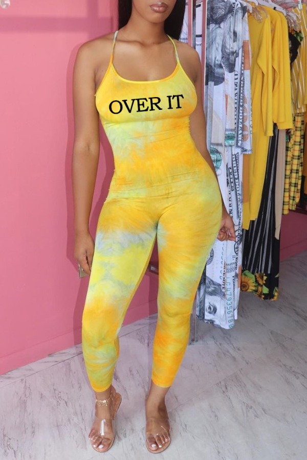 

lovely Trendy Letter Print Yellow One-piece Jumpsuit