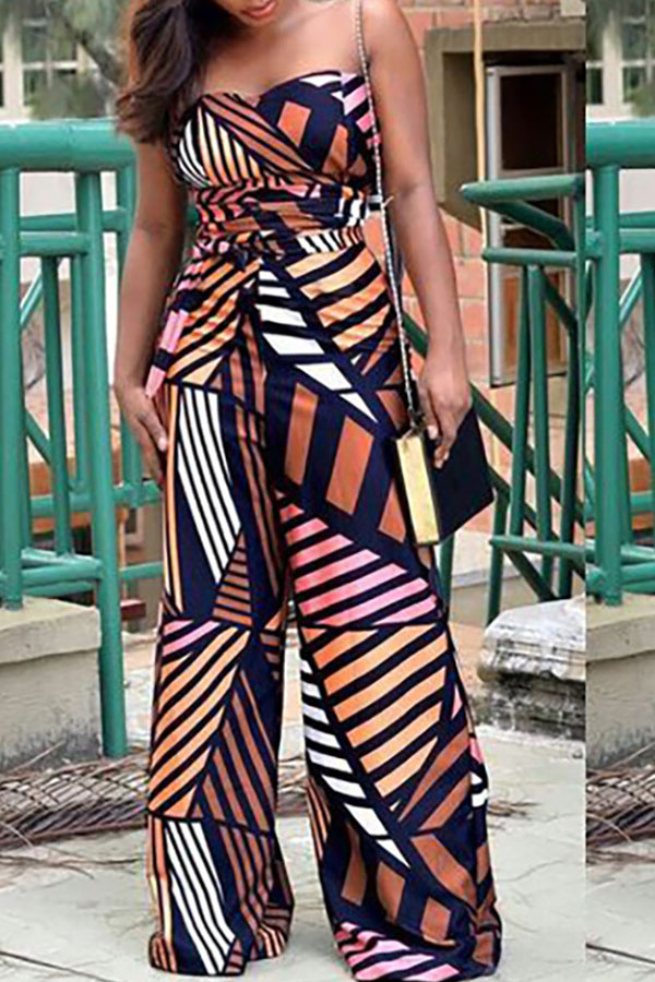 

lovely Trendy Dew Shoulder Print Brown One-piece Jumpsuit