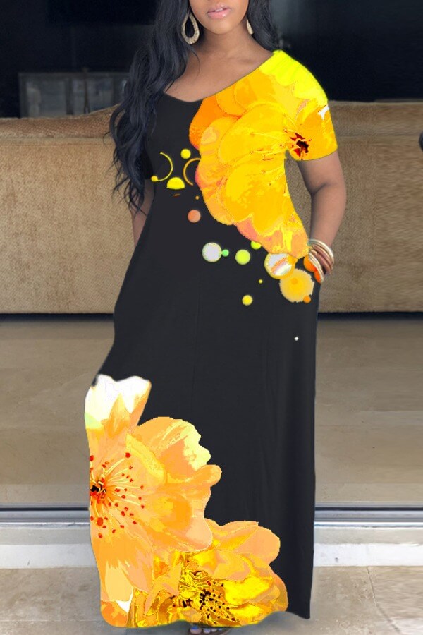 

Lovely Casual V Neck Print Yellow Ankle Length Dress