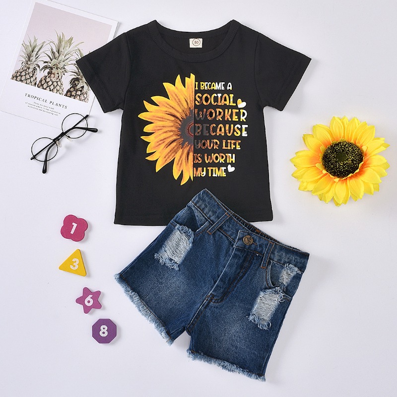 

lovely Leisure O Neck Print Black Girl Two-piece Shorts Set