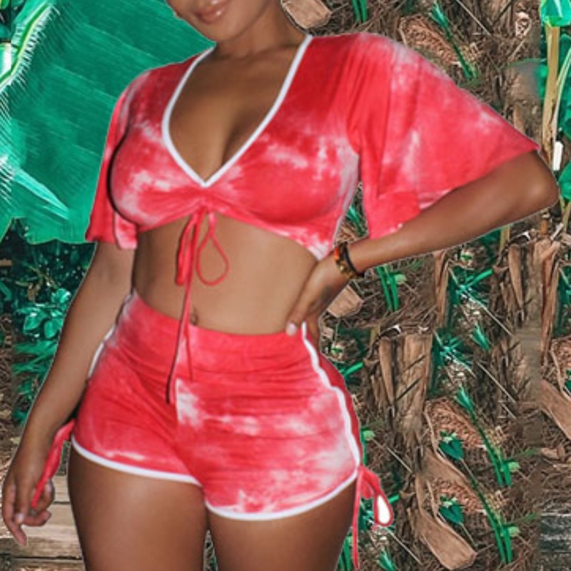 

lovely V Neck Tie-dye Red Two-piece Swimsuit