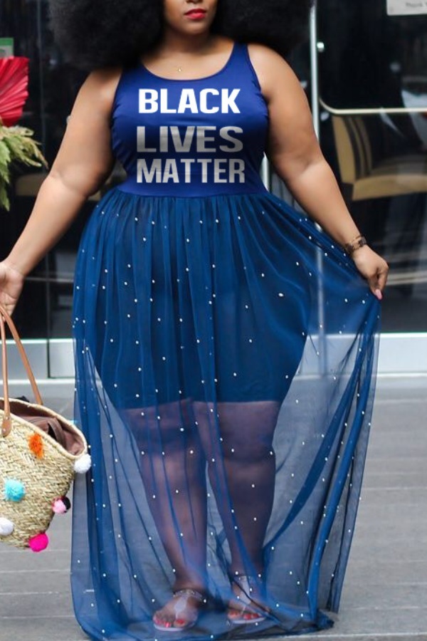 

lovely Bohemian Letter Print Blue Plus Size Two-piece Skirt Set