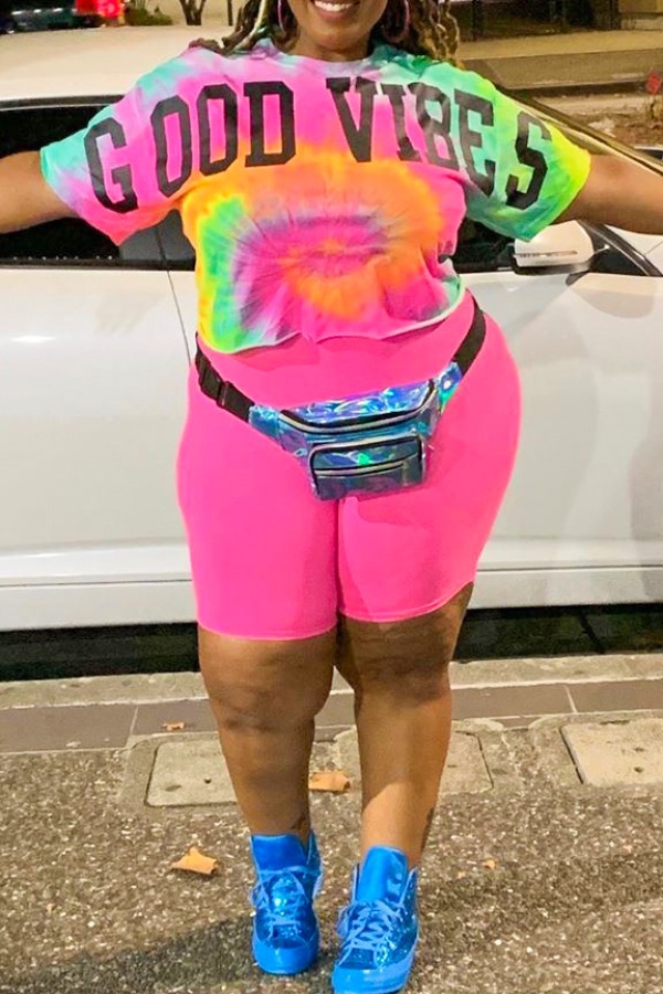 

lovely Casual Letter Print Multicolor Plus Size Two-piece Shorts Set, Multi