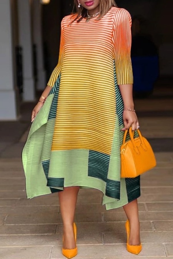 

lovely Casual Striped Patchwork Yellow Mid Calf Dress