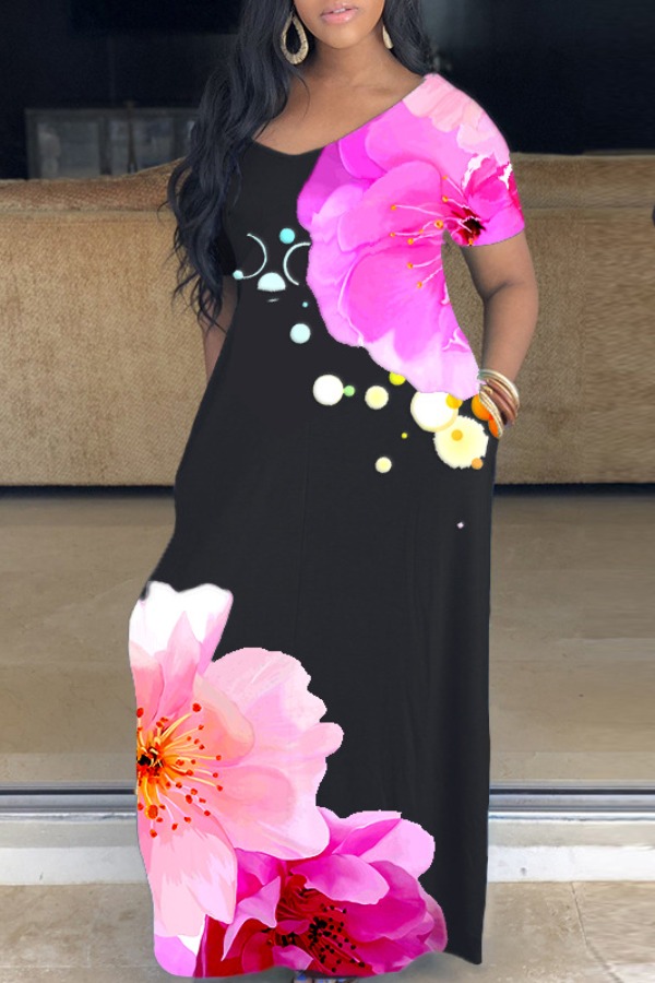

Lovely Casual V Neck Print Light Pink Ankle Length Dress