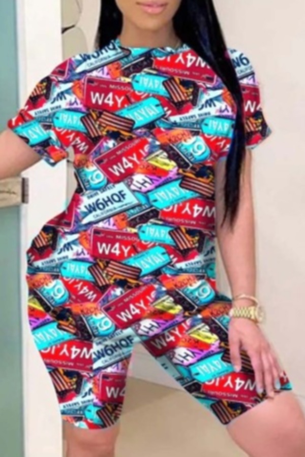 

lovely Trendy O Neck Letter Print Red Two-piece Shorts Set