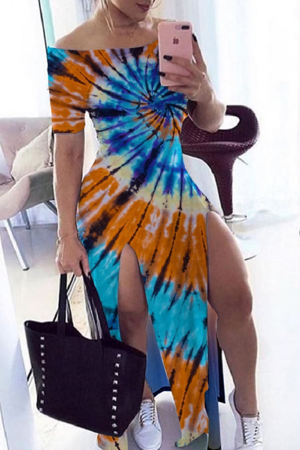 

lovely Casual Dew Shoulder Tie-dye Orange Maxi Dress